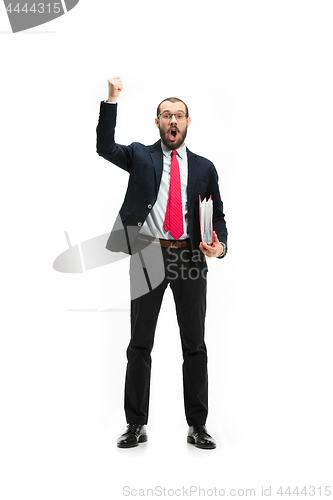 Image of Full body portrait of businessman with folder on white