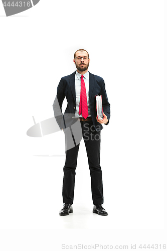Image of Full body portrait of businessman with folder on white