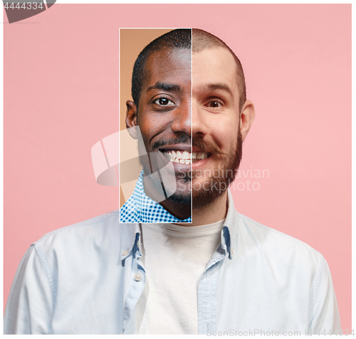 Image of Collage from two images of smiling african and caucasian men