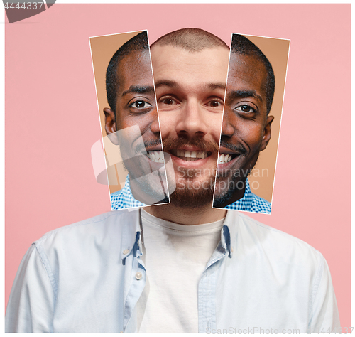 Image of Collage from two images of smiling african and caucasian men