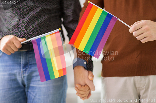 Image of male couple with gay pride flags holding hands