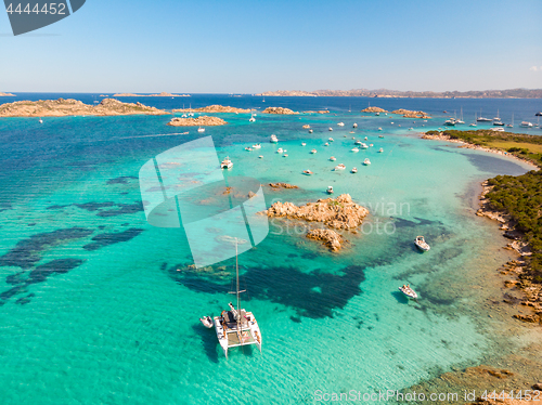 Image of Drone aerial view of catamaran sailing boat in Maddalena Archipelago, Sardinia, Italy.