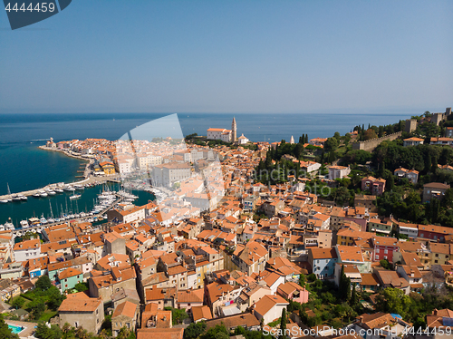 Image of Aerial view of old town Piran, Slovenia, Europe. Summer vacations tourism concept background.