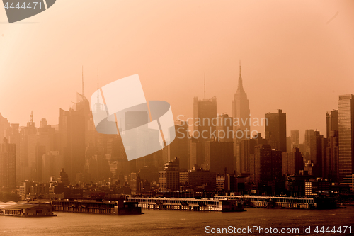 Image of New York City midtown Manhattan skyline panorama view from Boulevard East Old Glory Park over Hudson River.