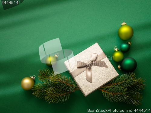 Image of Christmas decoration background green with gift box