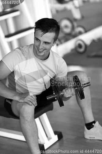 Image of handsome man working out with dumbbells