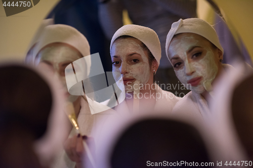 Image of women putting face masks in the bathroom