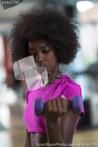 Image of woman working out in a crossfit gym with dumbbells