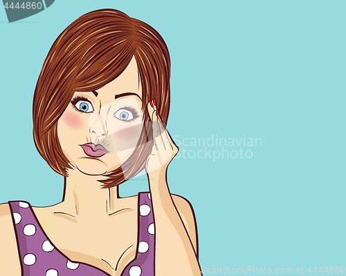 Image of Angry pop art woman thinking. Comic woman . Pin up girl.