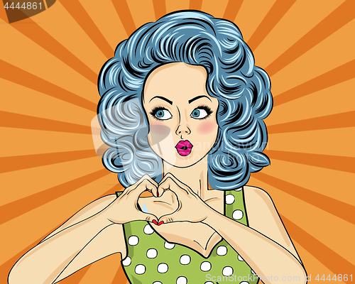 Image of Pop art woman making heart sign with hands. Comic woman . Pin up