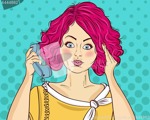 Image of Angry pop art woman chatting on retro phone. Comic woman . Pin u