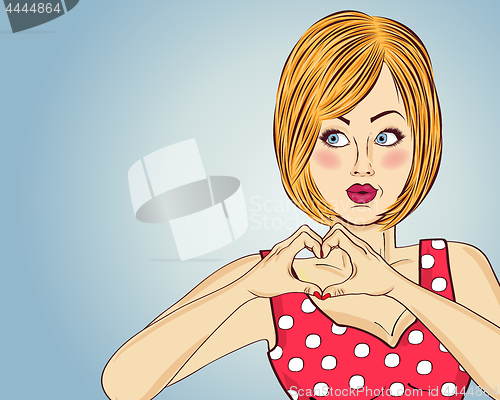 Image of Blonde pop art woman making heart sign with hands. Comic woman .