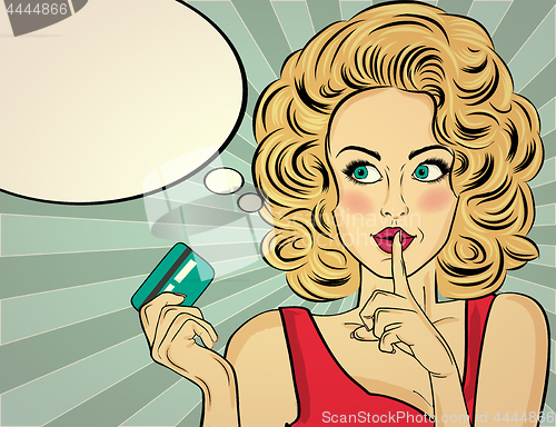 Image of Beautiful woman  in pop art style with credit card showing hand 