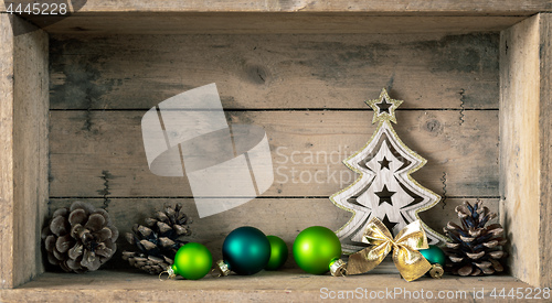 Image of Christmas symbols decoration green glass balls and fir tree 