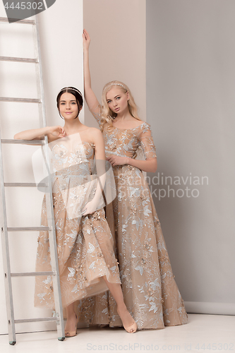 Image of Brides in beautiful dress standing indoors in white studio interior like at home. Trendy wedding style shot. Young attractive caucasian model like a bride tender looking.