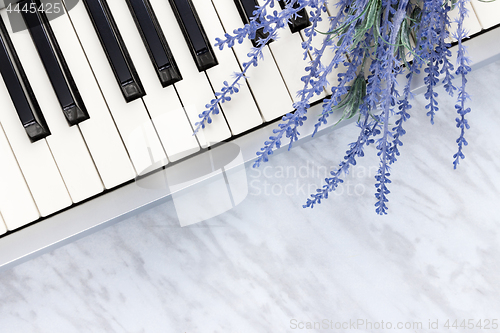 Image of Blue lavender flowers on piano keys