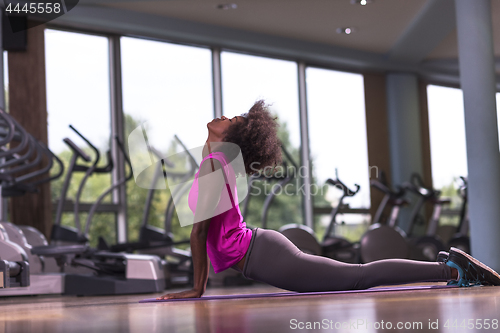 Image of african american woman exercise yoga in gym