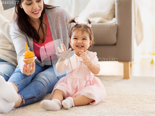 Image of baby girl with mother at home birthday party