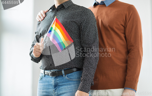 Image of close up of happy male couple with gay pride flags