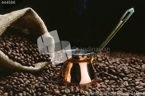 Image of A Turkish coffee pot with beans