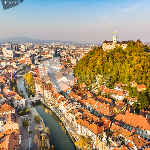 Image of Cityscape of Ljubljana, capital of Slovenia in warm afternoon sun.