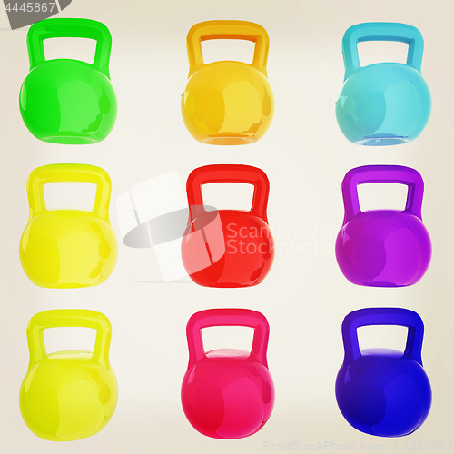 Image of A set of sports items - weights. 3d illustration. Vintage style