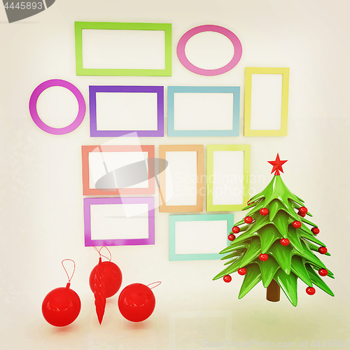 Image of Set of Christmas and New Year frames and Christmas tree. 3D rend