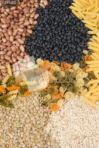 Image of Raw pasta, beans, lentils and rice as a background pattern