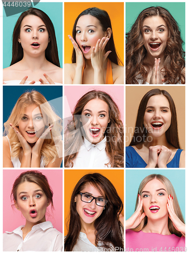 Image of collage of photos of attractive smiling happy women