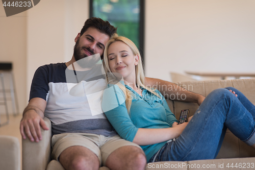 Image of young happy couple relaxes in the living room