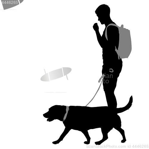 Image of Silhouette of man and dog on a white background