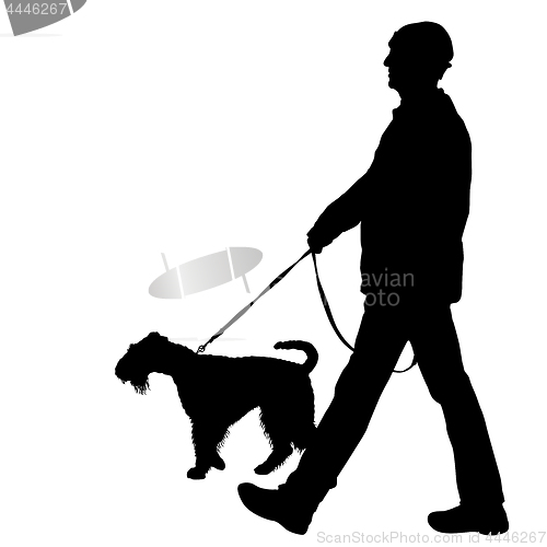 Image of Silhouette of man and dog on a white background