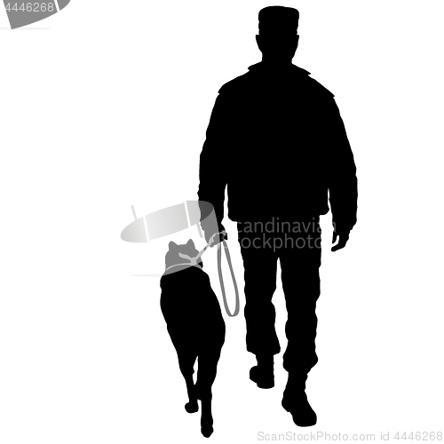 Image of Silhouette of man and dog on a white background