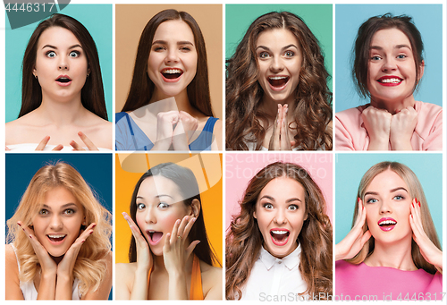 Image of collage of photos of attractive smiling happy women