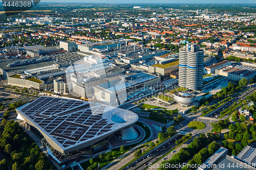 Image of Aerial view of BMW Museum and BWM Welt and factory. Munich, Germ