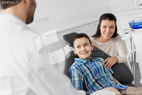 Image of mother and son visiting dentist at dental clinic