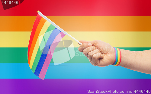 Image of hand with gay pride rainbow flag and wristband