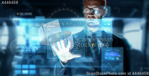 Image of close up of businessman touching virtual screen