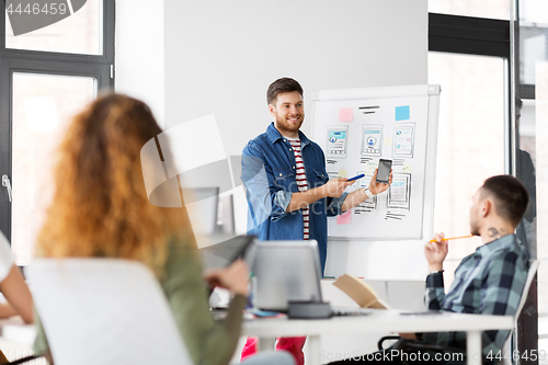 Image of man showing smartphone user interface at office