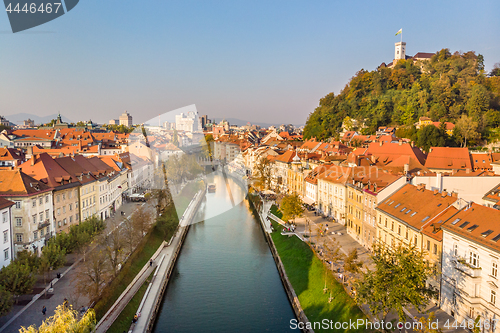 Image of Cityscape of Ljubljana, capital of Slovenia in warm afternoon sun.