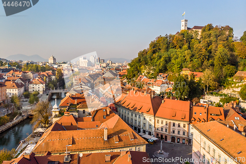 Image of Cityscape of Ljubljana, capital of Slovenia in warm afternoon sun.