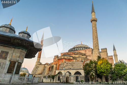 Image of Hagia Sophia domes and minarets in the old town of Istanbul, Turkey, at sunrise.