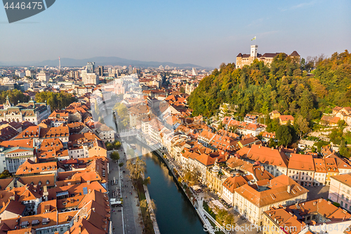 Image of Cityscape of Ljubljana, capital of Slovenia in warm afternoon sun.