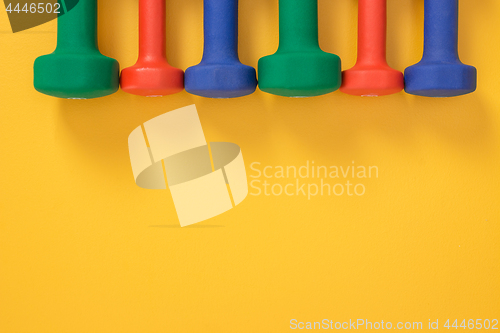 Image of Colorful dumbbells on joyful yellow background