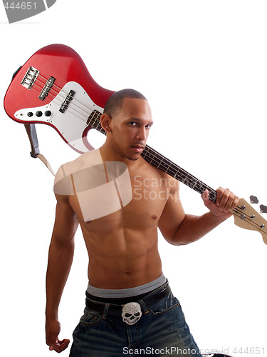 Image of Young black man with bass guitar over shoulder