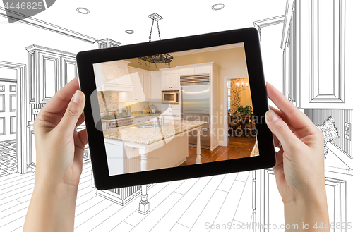 Image of Female Hands Holding Computer Tablet with Kitchen on Screen & Dr