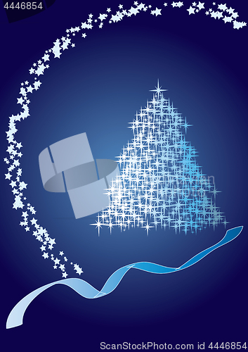 Image of Christmas firtree made from glitter stars on blue background