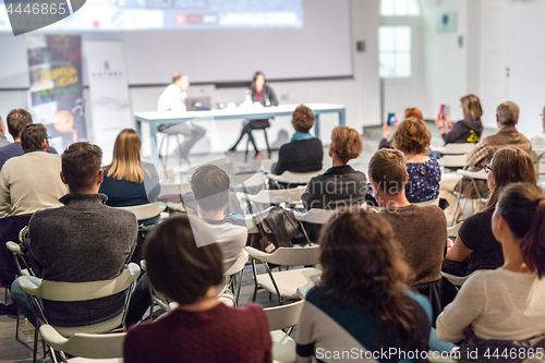 Image of Media interview and round table discussion at popular scientific conference.