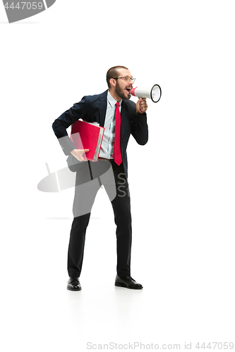 Image of Side view of a man screaming on the megaphone over white background