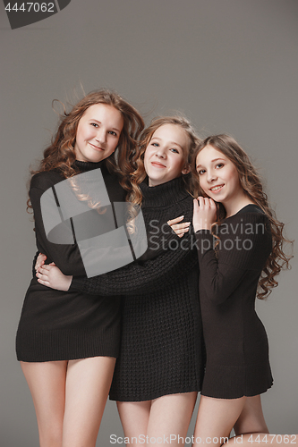 Image of The fashion girls standing together and looking at camera over gray studio background